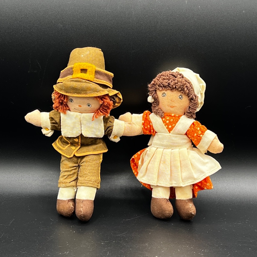 VTG Hallmark Girl and Boy‎ Pilgrim Dolls 6" Cloth Thanksgiving Set of 2
